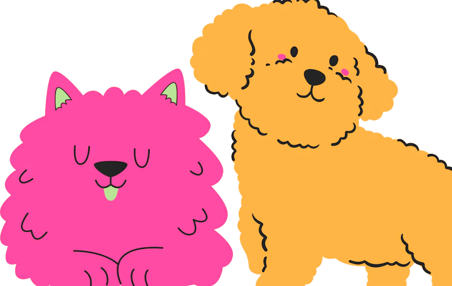 Illustrated pink cat and golden poodle sitting together