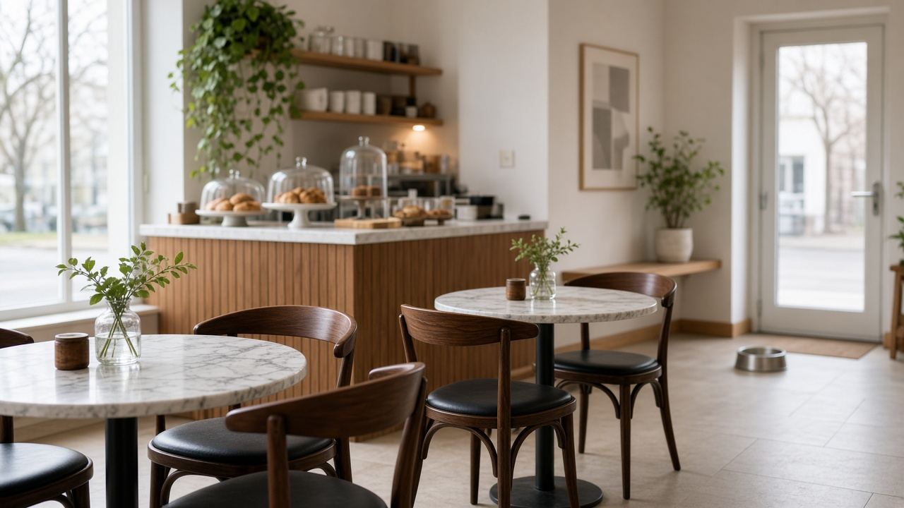 Bright Scandinavian café interior with marble tables and a water bowl by the door
