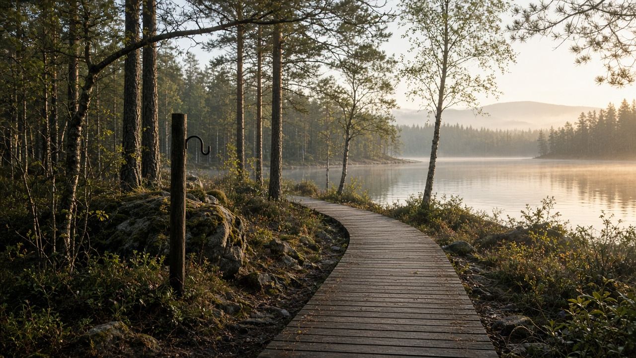 Wooden boardwalk through a calm Nordic forest beside a lake