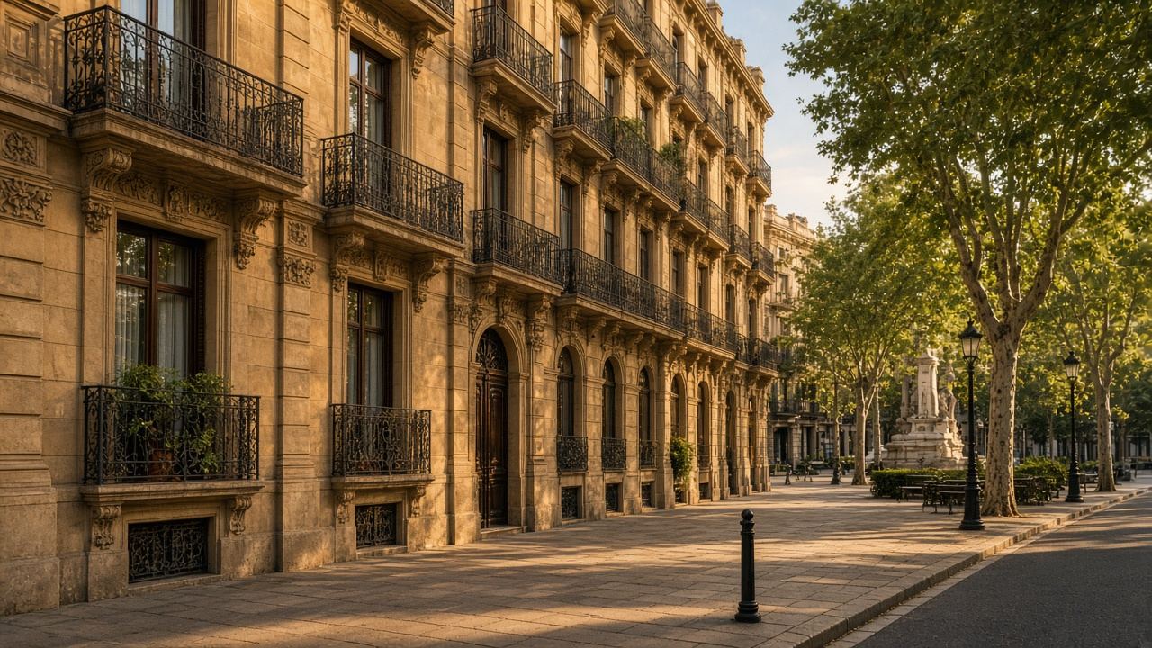 Sunny Barcelona street of honey-colored stone buildings and iron balconies