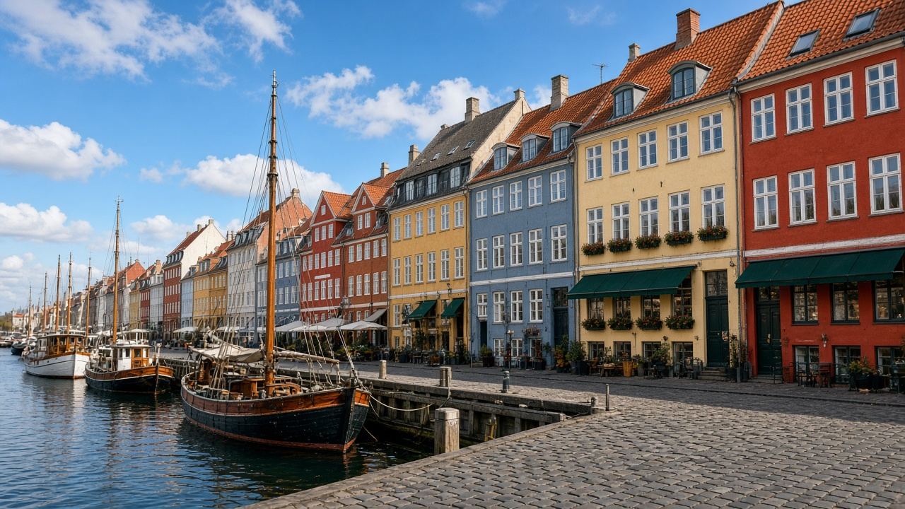 Colorful townhouses along a Copenhagen canal with boats moored in front