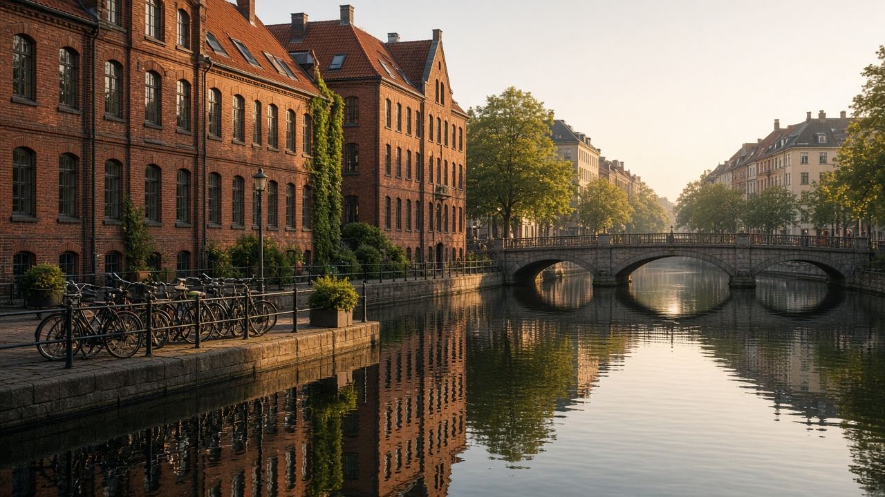 Gothenburg canal with brick warehouses and a low bridge in warm afternoon light