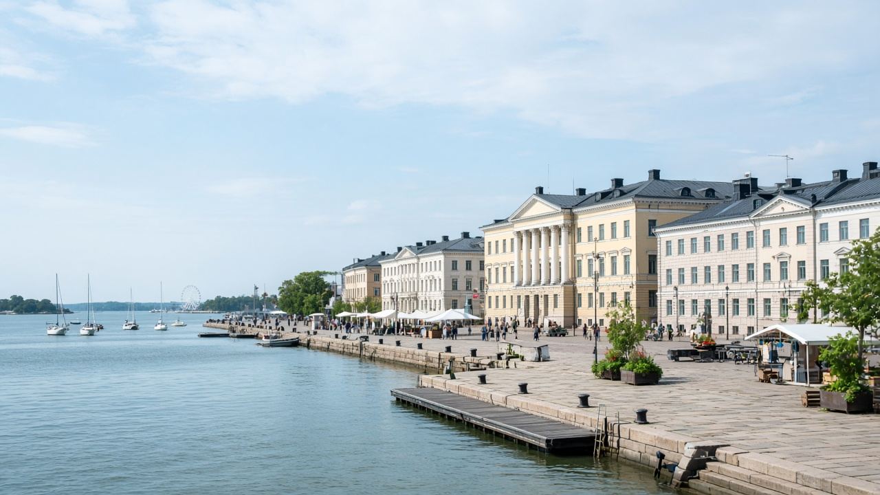 Helsinki harbor with pale waterfront buildings and the market square