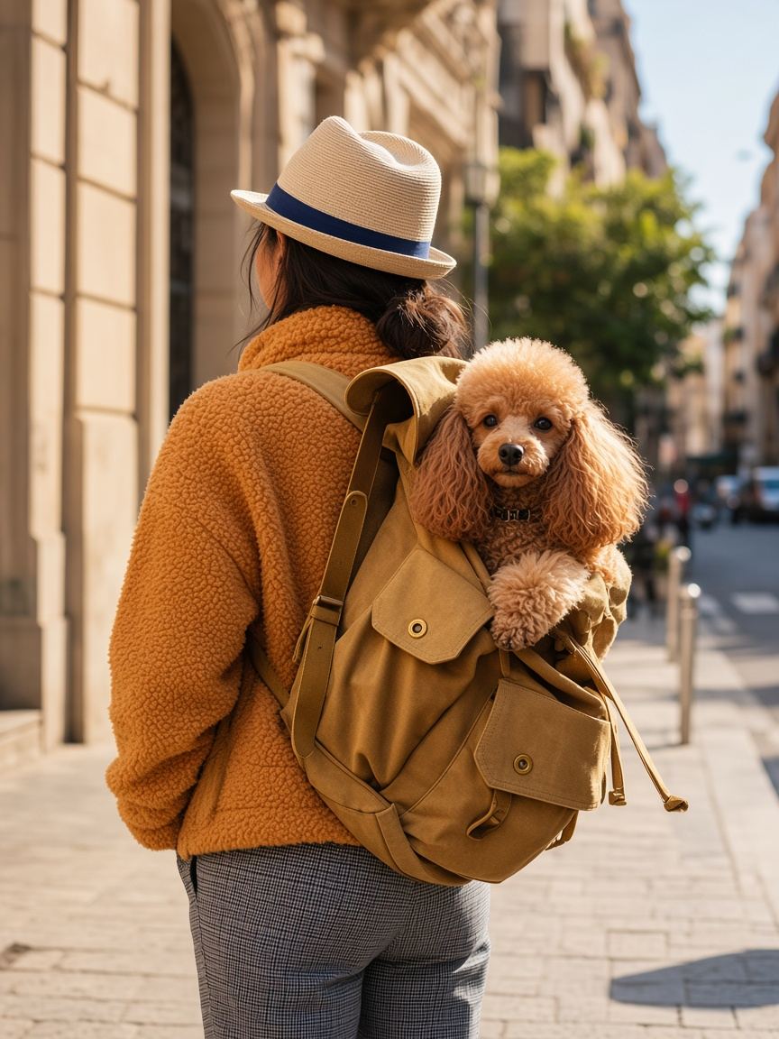 Traveler in a mustard fleece with a small poodle riding in a backpack