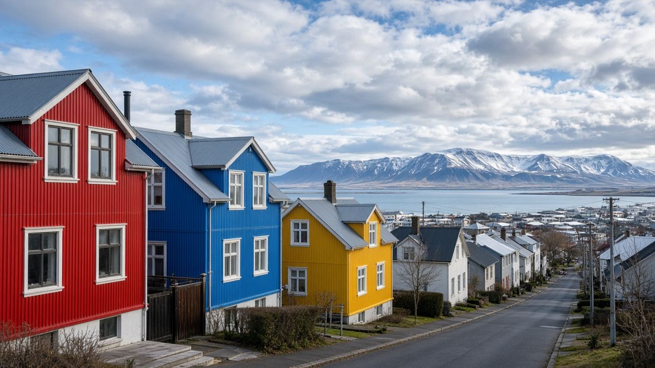 Reykjavik street of brightly colored houses with a mountain on the horizon