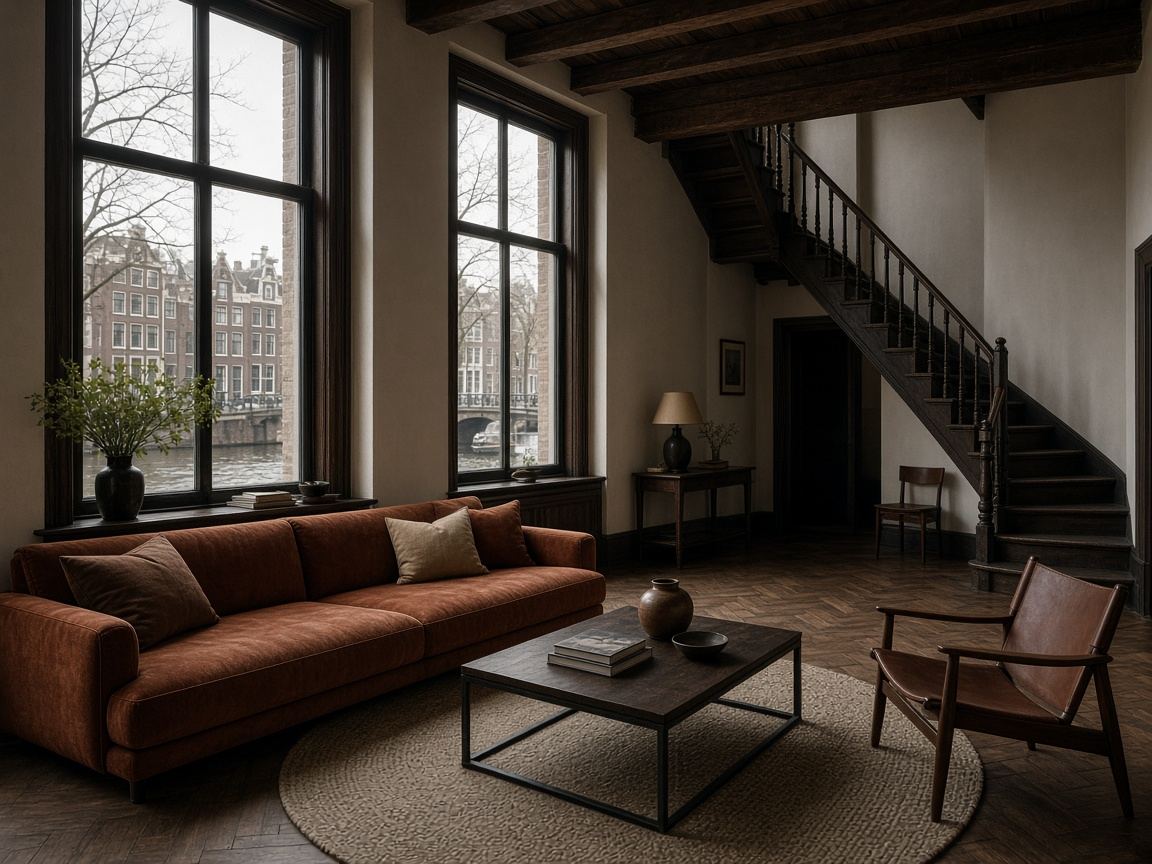 Amsterdam living room with dark beams, a rust sofa, and tall windows onto a canal