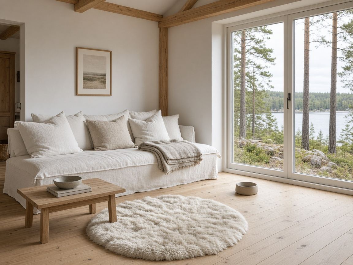 Bright Scandinavian cabin living room with a sheepskin rug, linen sofa, and water beyond the window