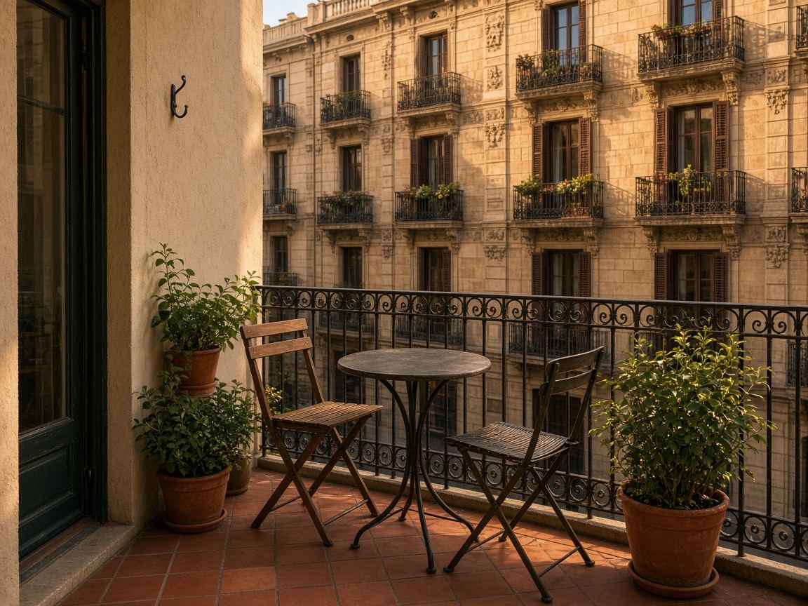 Barcelona balcony with terracotta tiles, a small table, and warm stone buildings across the street