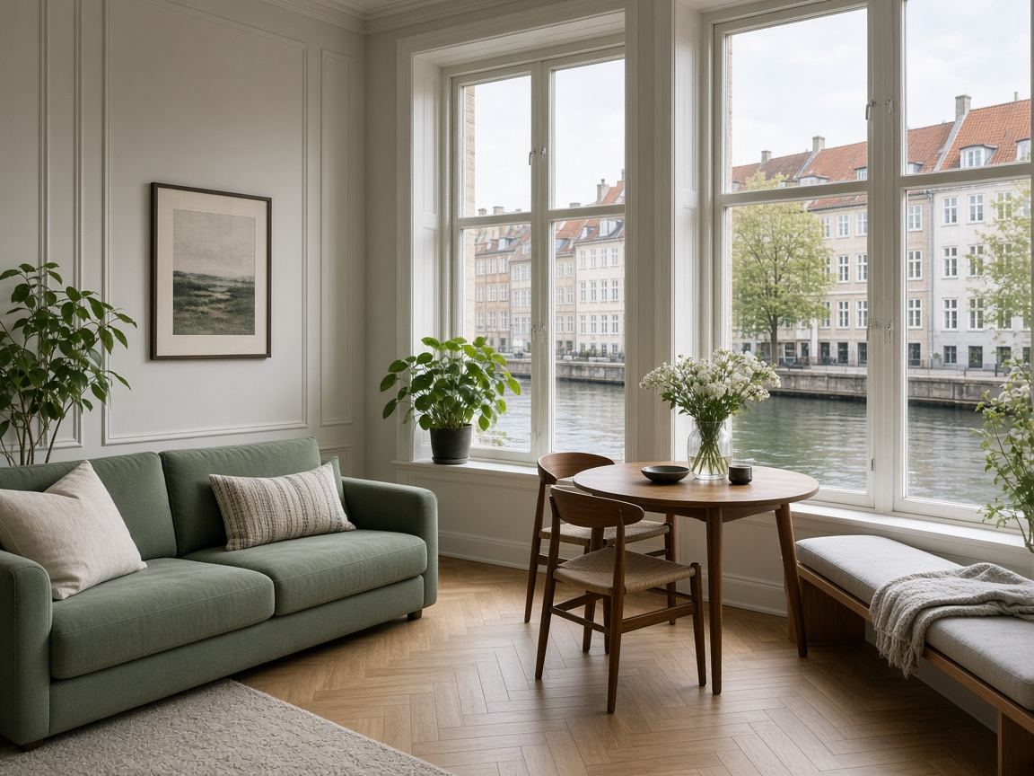 Copenhagen apartment with tall canal windows, a sage sofa, and a window seat