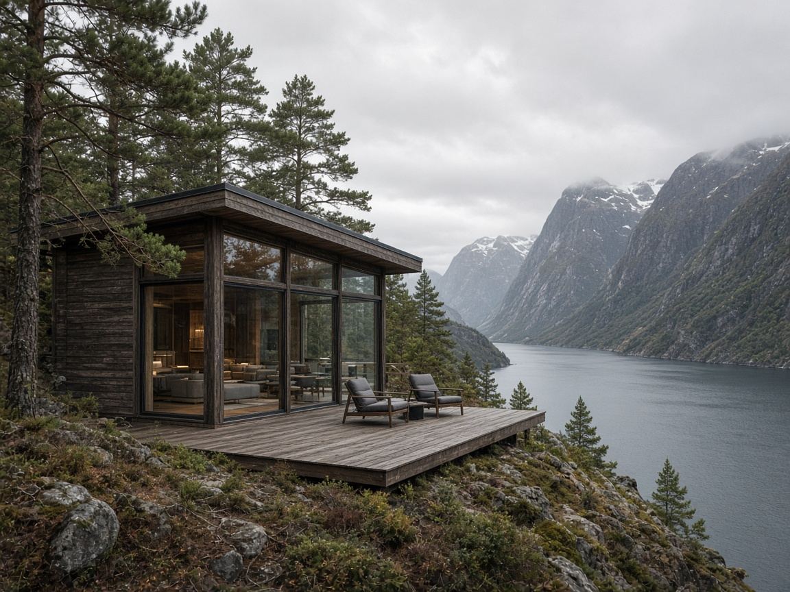 Timber cabin with a glass front and a deck facing a Norwegian fjord