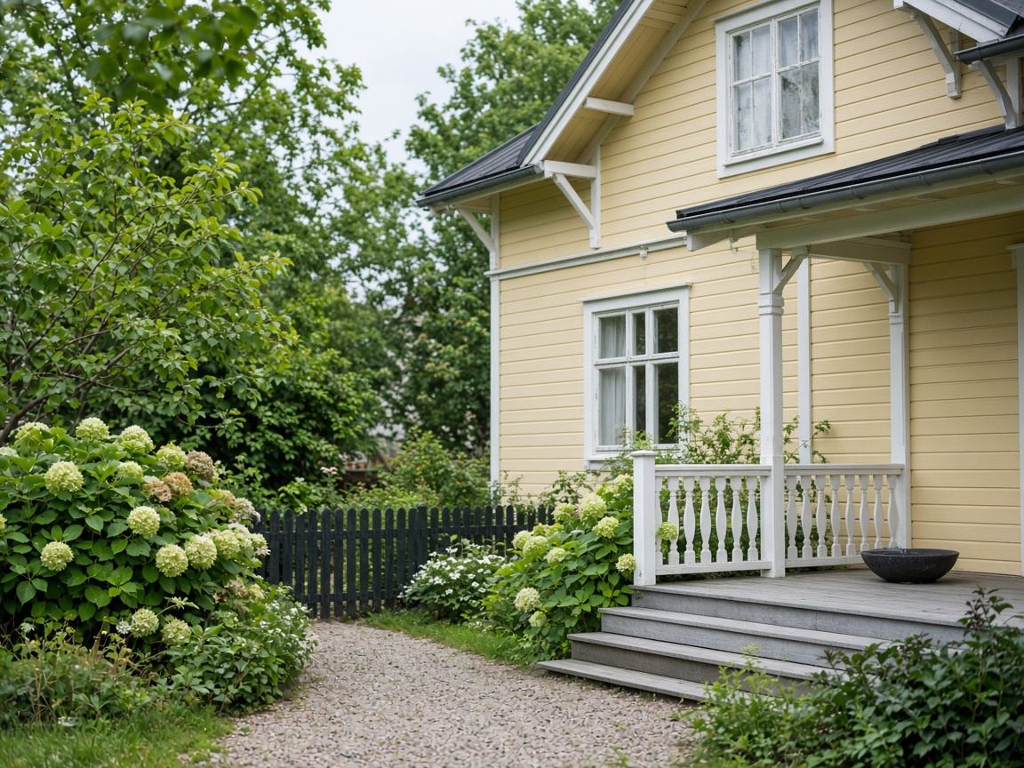 Pale yellow wooden villa in Gothenburg with a small green garden and a gravel path