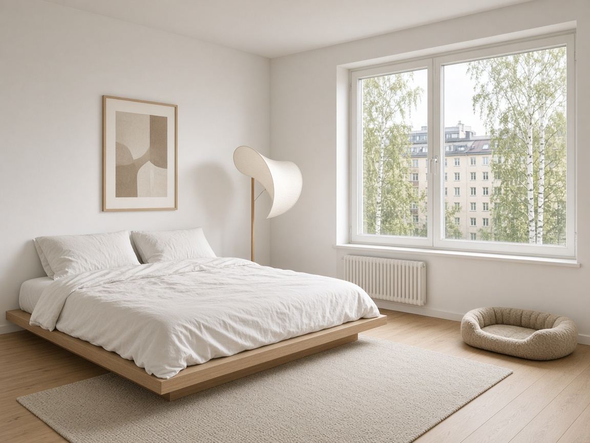 White Helsinki loft with a platform bed, oak floor, and a wool pet bed in the corner
