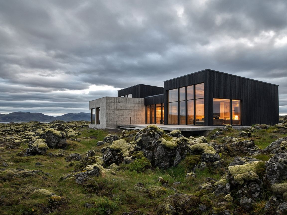 Modern black timber lodge on a mossy lava field under a cloudy Icelandic sky