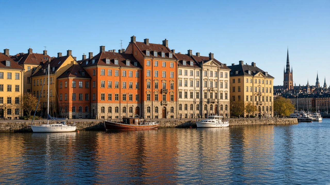 Sunny waterfront of Gamla Stan in Stockholm, with warm historic buildings along the quay